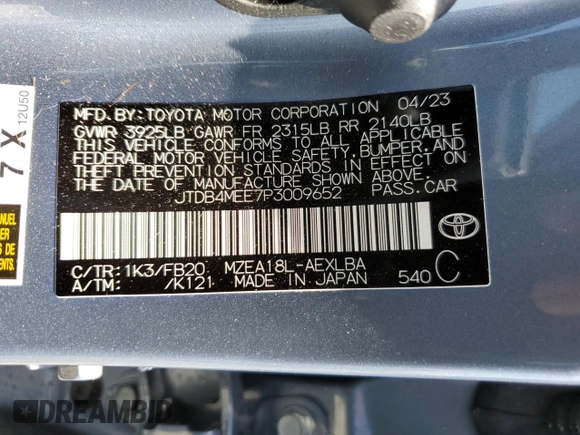 2023 Toyota Corolla LE with VIN JTDB4MEE7P3009652, listed as a Copart auction lot 54537845 with 16,208 mi miles and Salvage Title. Bid and sale history available at DreamBid. Image 12.