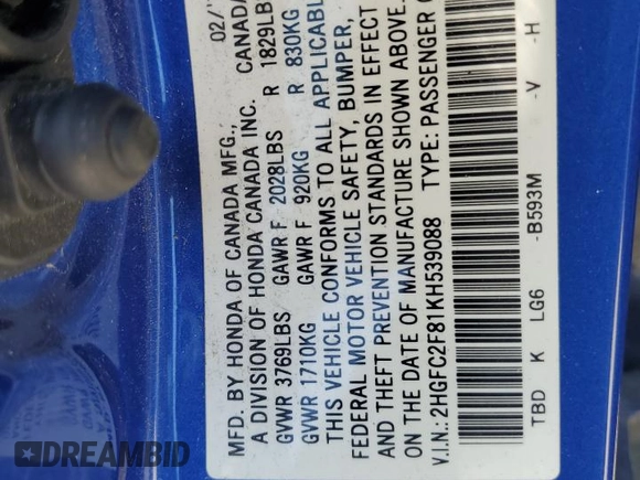 2019 Honda Civic Sport with VIN 2HGFC2F81KH539088, listed as a Copart auction lot 54385095 with 315,247 mi miles and Clean title. Bid and sale history available at DreamBid. Image 12.