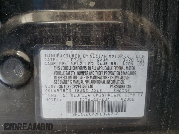 2015 Nissan Note SV with VIN 3N1CE2CP2FL366740, listed as a Copart auction lot 62076355 with 152,784 mi miles and Salvage title. Bid and sale history available at DreamBid. Image 14.