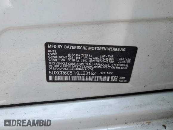 2019 BMW X5 xDrive40i with VIN 5UXCR6C51KLL23163, listed as a Copart auction lot 58598455 with 151,698 mi miles and Salvage title. Bid and sale history available at DreamBid. Image 13.
