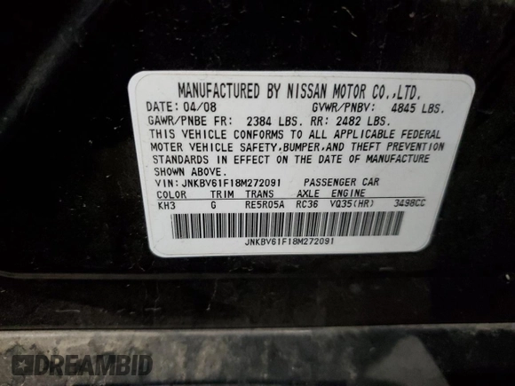2008 Infiniti G35 x with VIN JNKBV61F18M272091, listed as a Copart auction lot 78395804 with 158,840 mi miles and Salvage Title. Bid and sale history available at DreamBid. Image 13.