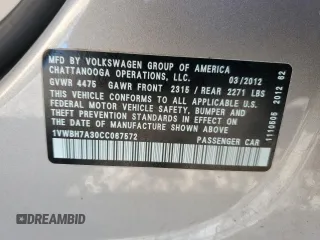 2012 Volkswagen Passat SE z VIN 1VWBH7A30CC067572, wystawiony jako Copart lot #87018124 z przebiegiem 191 468 mil mil oraz Szkoda całkowita • Salvage title. Historia ofert i sprzedaży dostępna na DreamBid. Obrazek 15.