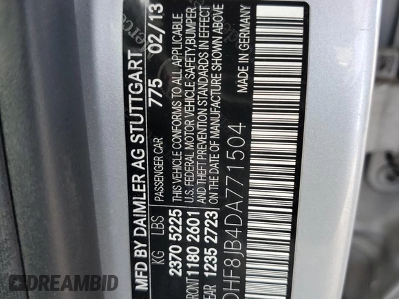 2013 Mercedes-Benz E 350 Luxury with VIN WDDHF8JB4DA771504, listed as a Copart auction lot 58741605 with Not provided miles and Salvage title. Bid and sale history available at DreamBid. Image 12.