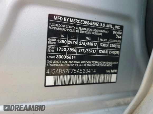 2005 Mercedes-Benz M 350 z VIN 4JGAB57E75A523414, wystawiony jako Copart lot #45756095 z przebiegiem 178 005 mil mil oraz Szkoda całkowita • Salvage title. Historia ofert i sprzedaży dostępna na DreamBid. Obrazek 13.