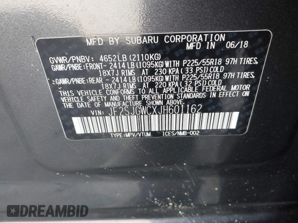 2018 Subaru Forester Touring with VIN JF2SJGWCXJH601162, listed as a IAAI auction lot 41760750 with 69,655 mi miles. Bid and sale history available at carsss.com. Image 9.