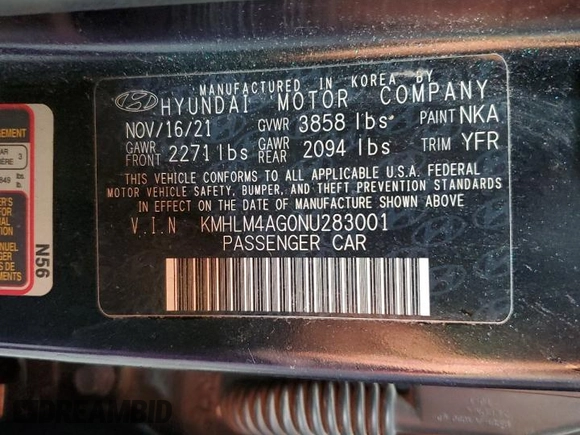 2022 Hyundai Elantra SEL with VIN KMHLM4AG0NU283001, listed as a Copart auction lot 48493255 with 78,198 mi miles and Clean Title. Bid and sale history available at DreamBid. Image 12.