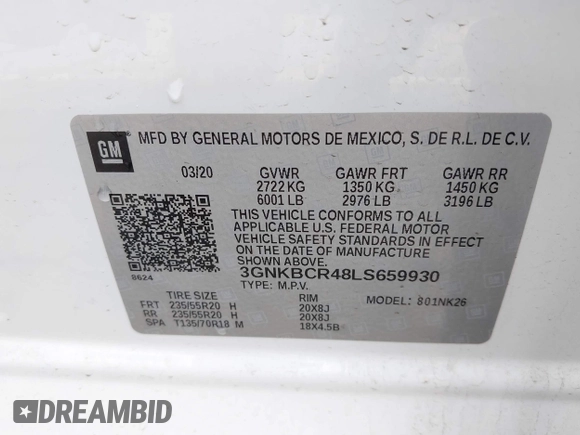 2020 Chevrolet Blazer LT with VIN 3GNKBCR48LS659930, listed as a IAAI auction lot 42500308 with 40,287 mi miles and . Bid and sale history available at DreamBid. Image 9.