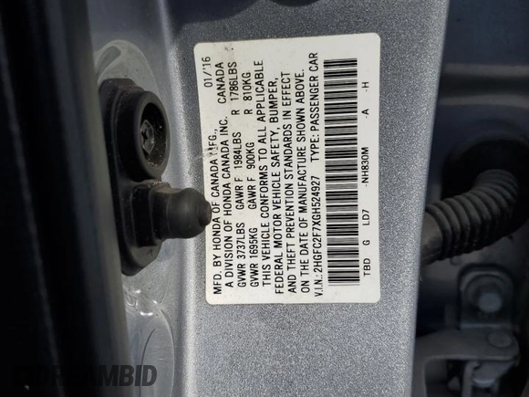2016 Honda Civic EX with VIN 2HGFC2F7XGH524927, listed as a Copart auction lot 45799865 with 72,814 mi miles and Salvage Title. Bid and sale history available at DreamBid. Image 13.