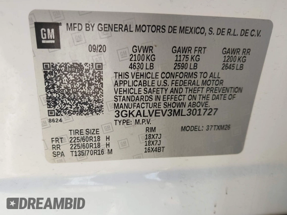 2021 GMC Terrain SLT with VIN 3GKALVEV3ML301727, listed as a IAAI auction lot 41669332 with 90,878 mi miles and . Bid and sale history available at carsss.com. Image 9.