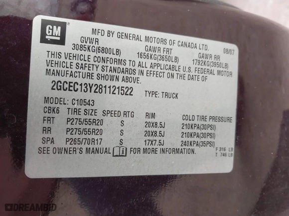 2008 Chevrolet Silverado 1500 LTZ with VIN 2GCEC13Y281121522, listed as a IAAI auction lot 41636172 with 274,769 mi miles. Bid and sale history available at carsss.com. Image 9.