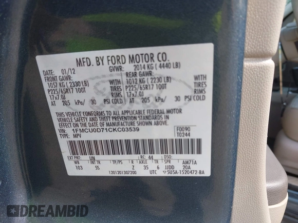 2012 Ford Escape XLT with VIN 1FMCU0D71CKC03539, listed as a IAAI auction lot 42536592 with 178,823 mi miles and . Bid and sale history available at DreamBid. Image 9.