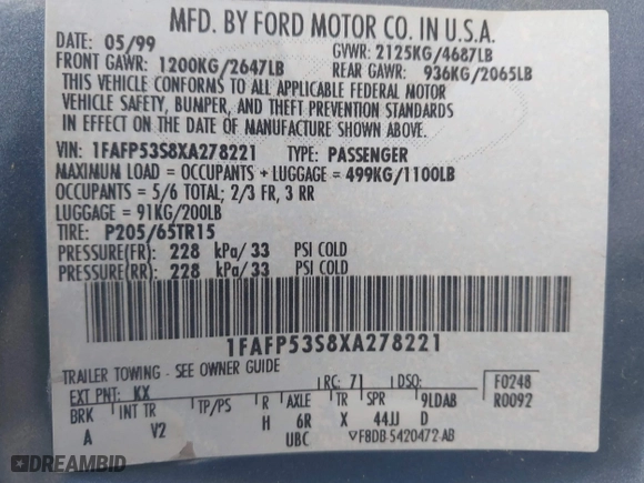 1999 Ford Taurus SE with VIN 1FAFP53S8XA278221, listed as a IAAI auction lot 41820964 with 115,109 mi miles. Bid and sale history available at carsss.com. Image 9.