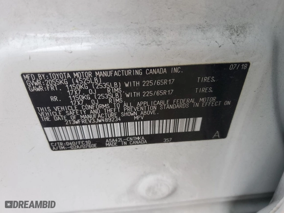 2018 Toyota RAV4 XLE with VIN 2T3WFREV3JW489234, listed as a Copart auction lot 51530985 with 34,805 mi miles and Salvage Title. Bid and sale history available at carsss.com. Image 13.