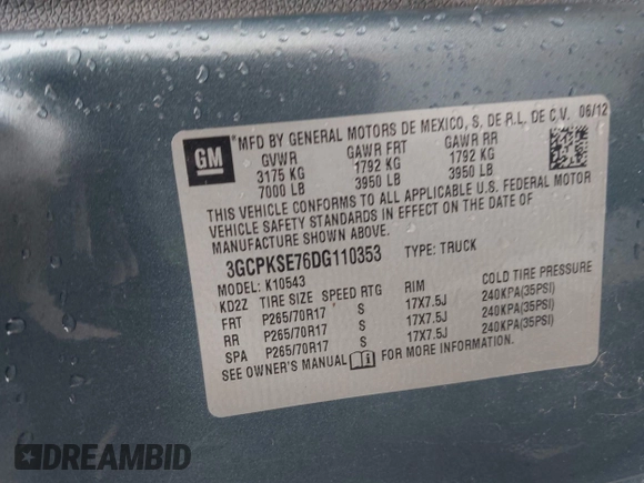 2013 Chevrolet Silverado 1500 LT with VIN 3GCPKSE76DG110353, listed as a IAAI auction lot 41947245 with 173,690 mi miles and . Bid and sale history available at DreamBid. Image 9.