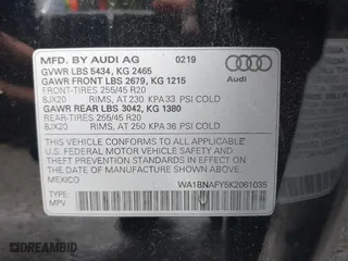 2019 Audi Q5 Premium Plus with VIN WA1BNAFY5K2061035, listed as a IAAI auction lot 41514402 with 62,157 mi miles. Bid and sale history available at carsss.com. Image 9.