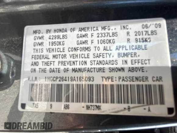 2009 Honda Accord LX-P with VIN 1HGCP26419A165093, listed as a Copart auction lot 61976585 with 172,398 mi miles and Clean title. Bid and sale history available at DreamBid. Image 10.