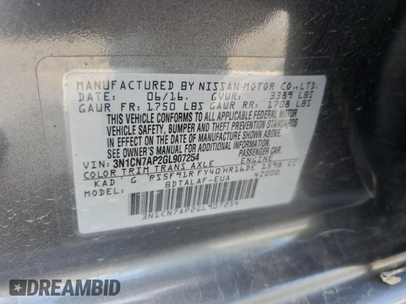 2016 Nissan Versa SV z VIN 3N1CN7AP2GL907254, wystawiony jako Copart lot #58589295 z przebiegiem 91 951 mil mil oraz Czysty tytuł • Clean title. Historia ofert i sprzedaży dostępna na DreamBid. Obrazek 13.