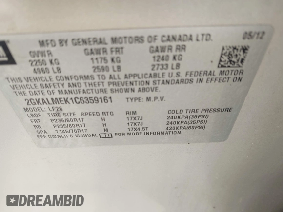 2012 GMC Terrain SLE-1 с VIN 2GKALMEK1C6359161, выставлен на аукционе IAAI как лот 42501237 с пробегом 172 414 миль миль и . История ставок и продаж доступна на DreamBid. Изображение 9.