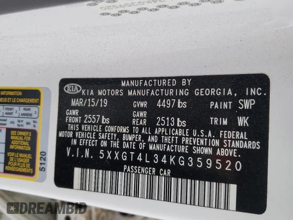 2019 Kia Optima S with VIN 5XXGT4L34KG359520, listed as a Copart auction lot 54903165 with 95,945 mi miles and Salvage Title. Bid and sale history available at carsss.com. Image 12.