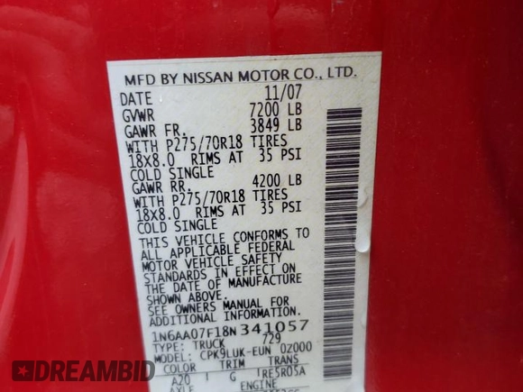 2008 Nissan Titan XE z VIN 1N6AA07F18N341057, wystawiony jako Copart lot #53976465 z przebiegiem 206 495 mil mil oraz Czysty tytuł • Clean title. Historia ofert i sprzedaży dostępna na DreamBid. Obrazek 12.