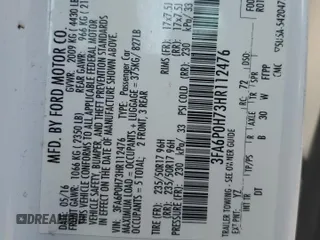 2017 Ford Fusion SE z VIN 3FA6P0H73HR112476, wystawiony jako Copart lot #62946945 z przebiegiem 33 907 mil mil oraz Szkoda całkowita • Salvage title. Historia ofert i sprzedaży dostępna na DreamBid. Obrazek 12.