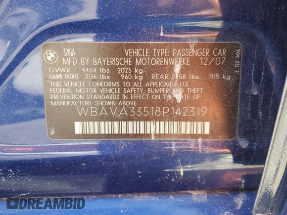 2008 BMW 3 Series 328i z VIN WBAVA33518P142319, wystawiony jako Copart lot #57081045 z przebiegiem 157 411 mil mil oraz Szkoda całkowita • Salvage title. Historia ofert i sprzedaży dostępna na DreamBid. Obrazek 12.