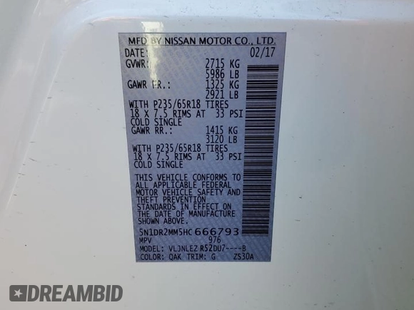 2017 Nissan Pathfinder SV with VIN 5N1DR2MM5HC666793, listed as a Copart auction lot 51924315 with 167,309 mi miles and Salvage title. Bid and sale history available at DreamBid. Image 14.