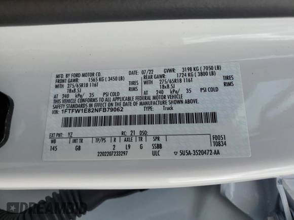 2022 Ford F-150 XL with VIN 1FTFW1E82NFB79062, listed as a Copart auction lot 61136015 with 37,849 mi miles and Salvage title. Bid and sale history available at DreamBid. Image 12.