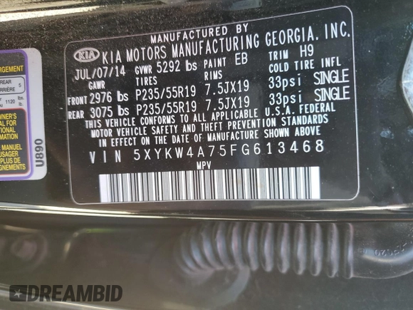 2015 Kia Sorento SX Limited with VIN 5XYKW4A75FG613468, listed as a Copart auction lot 82722313 with 149,001 mi miles and Salvage Title. Bid and sale history available at carsss.com. Image 13.