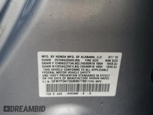2016 Honda Pilot EX-L with VIN 5FNYF5H73GB007780, listed as a Copart auction lot 45038765 with 102,344 mi miles and Salvage Title. Bid and sale history available at DreamBid. Image 14.