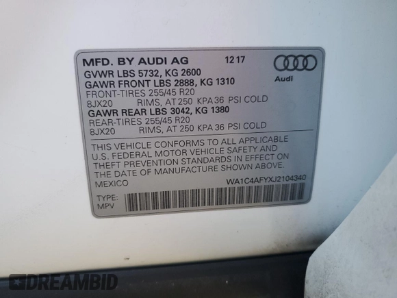 2018 Audi SQ5 Prestige with VIN WA1C4AFYXJ2104340, listed as a Copart auction lot 82862384 with 57,521 mi miles and Salvage Title. Bid and sale history available at DreamBid. Image 13.