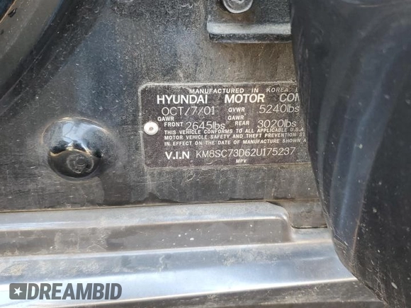 2002 Hyundai Santa Fe GLS with VIN KM8SC73D62U175237, listed as a Copart auction lot 63607054 with 129,087 mi miles and Salvage Title. Bid and sale history available at DreamBid. Image 12.