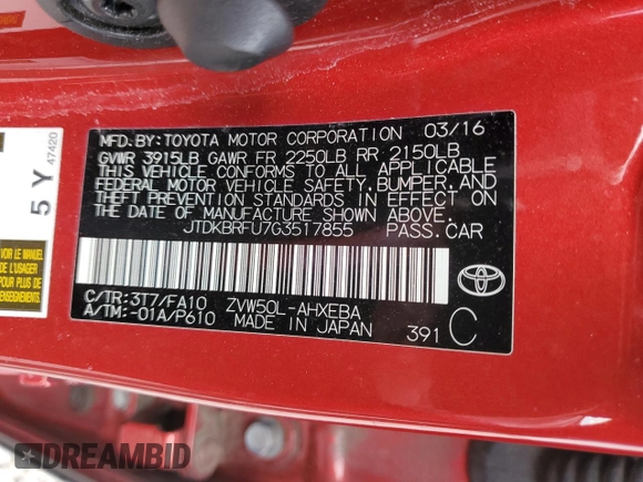 2016 Toyota Prius Two with VIN JTDKBRFU7G3517855, listed as a Copart auction lot 52179885 with 59,870 mi miles and Salvage Title. Bid and sale history available at carsss.com. Image 13.