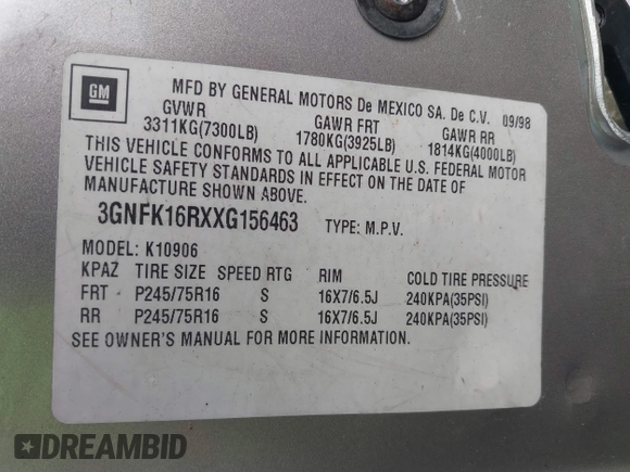 1999 Chevrolet Suburban z VIN 3GNFK16RXXG156463, wystawiony jako IAAI lot #41745169 z przebiegiem 165 541 mil mil oraz . Historia ofert i sprzedaży dostępna na DreamBid. Obrazek 9.