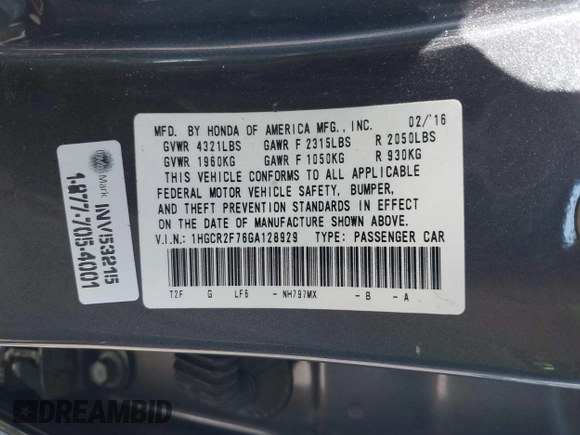2016 Honda Accord Sedan EX with VIN 1HGCR2F76GA128929, listed as a IAAI auction lot 41882072 with 86,480 mi miles. Bid and sale history available at carsss.com. Image 9.