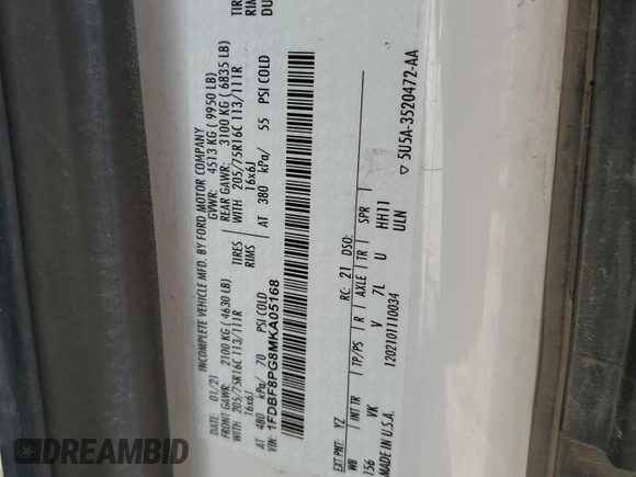 2021 Ford Transit with VIN 1FDBF8PG8MKA05168, listed as a Copart auction lot 59320854 with Not Provided miles and Salvage Title. Bid and sale history available at DreamBid. Image 13.