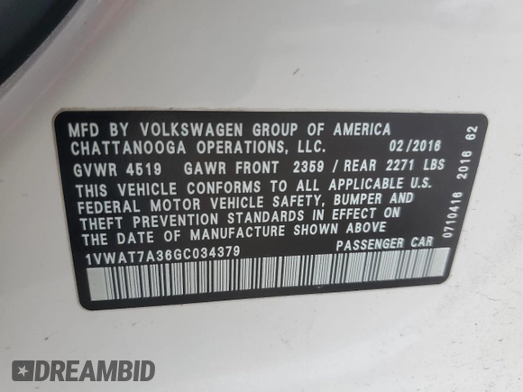 2016 Volkswagen Passat 1.8T S with VIN 1VWAT7A36GC034379, listed as a Copart auction lot 48956165 with 144,438 mi miles and Clean Title. Bid and sale history available at carsss.com. Image 12.