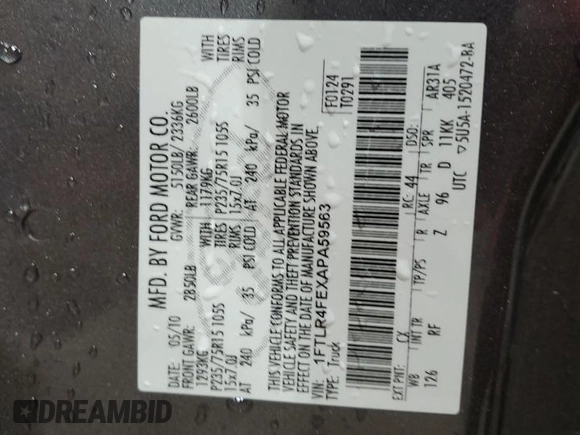 2010 Ford Ranger XLT with VIN 1FTLR4FEXAPA59563, listed as a Copart auction lot 53539745 with 110,784 mi miles and Salvage title. Bid and sale history available at DreamBid. Image 12.