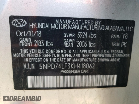 2019 Hyundai Elantra SE with VIN 5NPD74LF3KH418062, listed as a Copart auction lot 41424835 with 76,288 mi miles and Salvage Title. Bid and sale history available at DreamBid. Image 12.