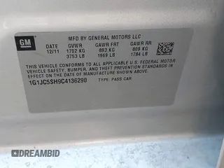 2012 Chevrolet Sonic LT with VIN 1G1JC5SH9C4136290, listed as a IAAI auction lot 42034254 with 273,427 mi miles and . Bid and sale history available at DreamBid. Image 9.
