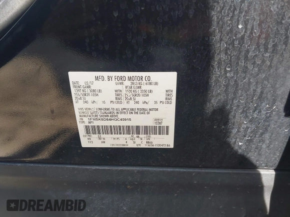 2017 Ford Explorer XLT с VIN 1FM5K8D84HGC45915, выставлен на аукционе IAAI как лот 42088691 с пробегом 162 159 миль миль и . История ставок и продаж доступна на DreamBid. Изображение 9.