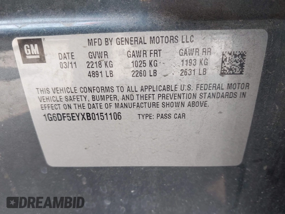 2011 Cadillac CTS Luxury with VIN 1G6DF5EYXB0151106, listed as a IAAI auction lot 42107070 with 140,468 mi miles and . Bid and sale history available at DreamBid. Image 9.