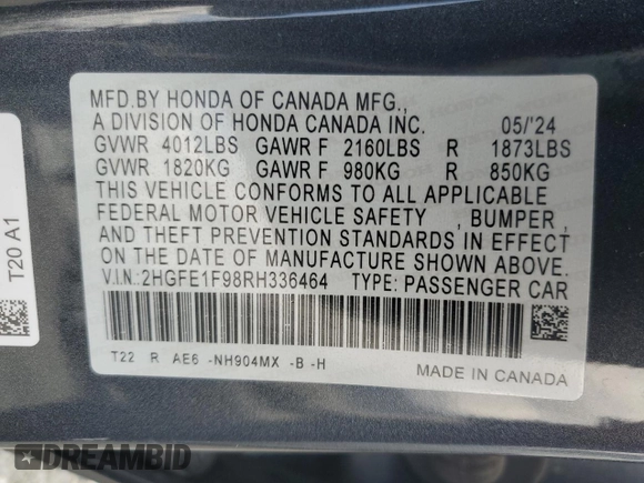 2024 Honda Civic Touring z VIN 2HGFE1F98RH336464, wystawiony jako Copart lot #50504775 z przebiegiem 14 655 mil mil oraz Szkoda całkowita • Salvage title. Historia ofert i sprzedaży dostępna na DreamBid. Obrazek 12.