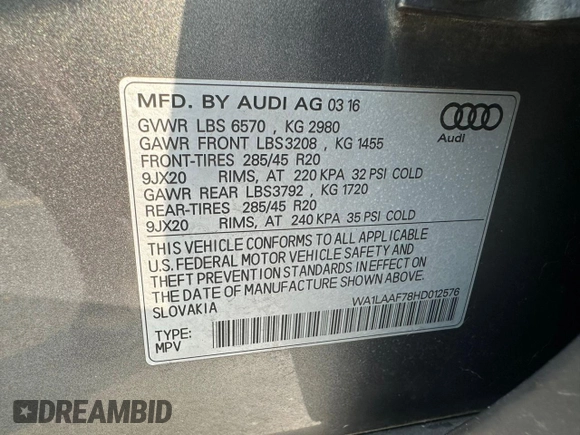 2017 Audi Q7 Premium Plus z VIN WA1LAAF78HD012576, wystawiony jako Copart lot #59867885 z przebiegiem 122 030 mil mil oraz Czysty tytuł • Clean title. Historia ofert i sprzedaży dostępna na DreamBid. Obrazek 10.