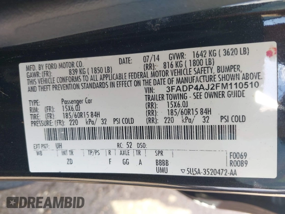 2015 Ford Fiesta S with VIN 3FADP4AJ2FM110510, listed as a IAAI auction lot 42207291 with 132,016 mi miles and . Bid and sale history available at DreamBid. Image 9.