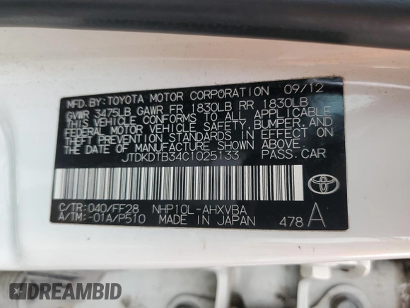 2012 Toyota Prius One with VIN JTDKDTB34C1025133, listed as a Copart auction lot 55520635 with Not Provided miles and Salvage Title. Bid and sale history available at DreamBid. Image 12.