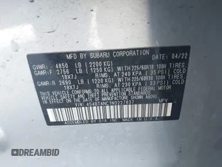 2022 Subaru Outback Limited with VIN 4S4BTANC1N3227837, listed as a IAAI auction lot 42532434 with 121,400 mi miles and . Bid and sale history available at DreamBid. Image 9.