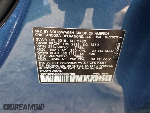 2021 Volkswagen Atlas SEL Premium z VIN 1V2TR2CA8MC535700, wystawiony jako Copart lot #80538034 z przebiegiem 82 093 mil mil oraz Szkoda całkowita • Salvage title. Historia ofert i sprzedaży dostępna na DreamBid. Obrazek 13.