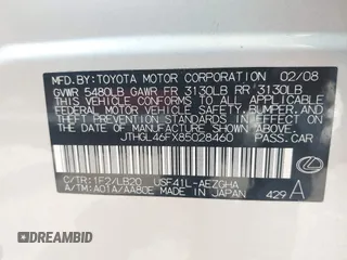 2008 Lexus LS 460 L with VIN JTHGL46FX85028460, listed as a IAAI auction lot 42501852 with 194,399 mi miles and . Bid and sale history available at DreamBid. Image 9.