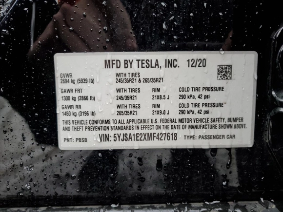 2021 Tesla Model S Long Range Plus z VIN 5YJSA1E2XMF427618, wystawiony jako Copart lot #41654955 z przebiegiem Nie podano mil oraz Szkoda całkowita • Salvage title. Historia ofert i sprzedaży dostępna na DreamBid. Obrazek 15.